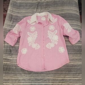 Pastels Pink Striped Womens Shirt with White Floral Accents